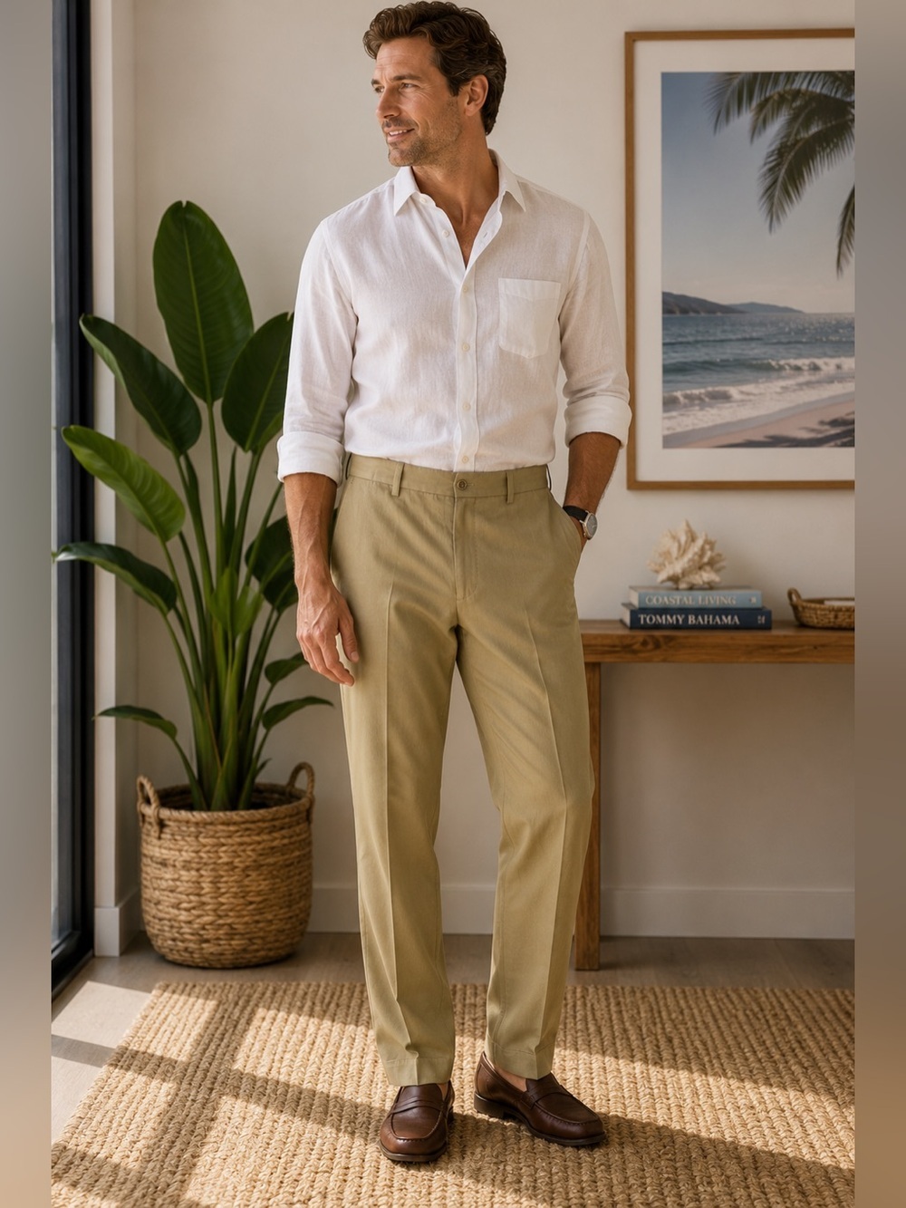 Tommy Bahama Men’s Khaki Herringbone Dress Pants Size 38x30 Hemmed to 29” Flat